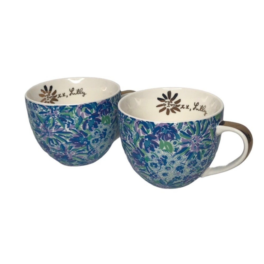 Lilly Pulitzer Floral Lion Face Mug Set (2) Gold